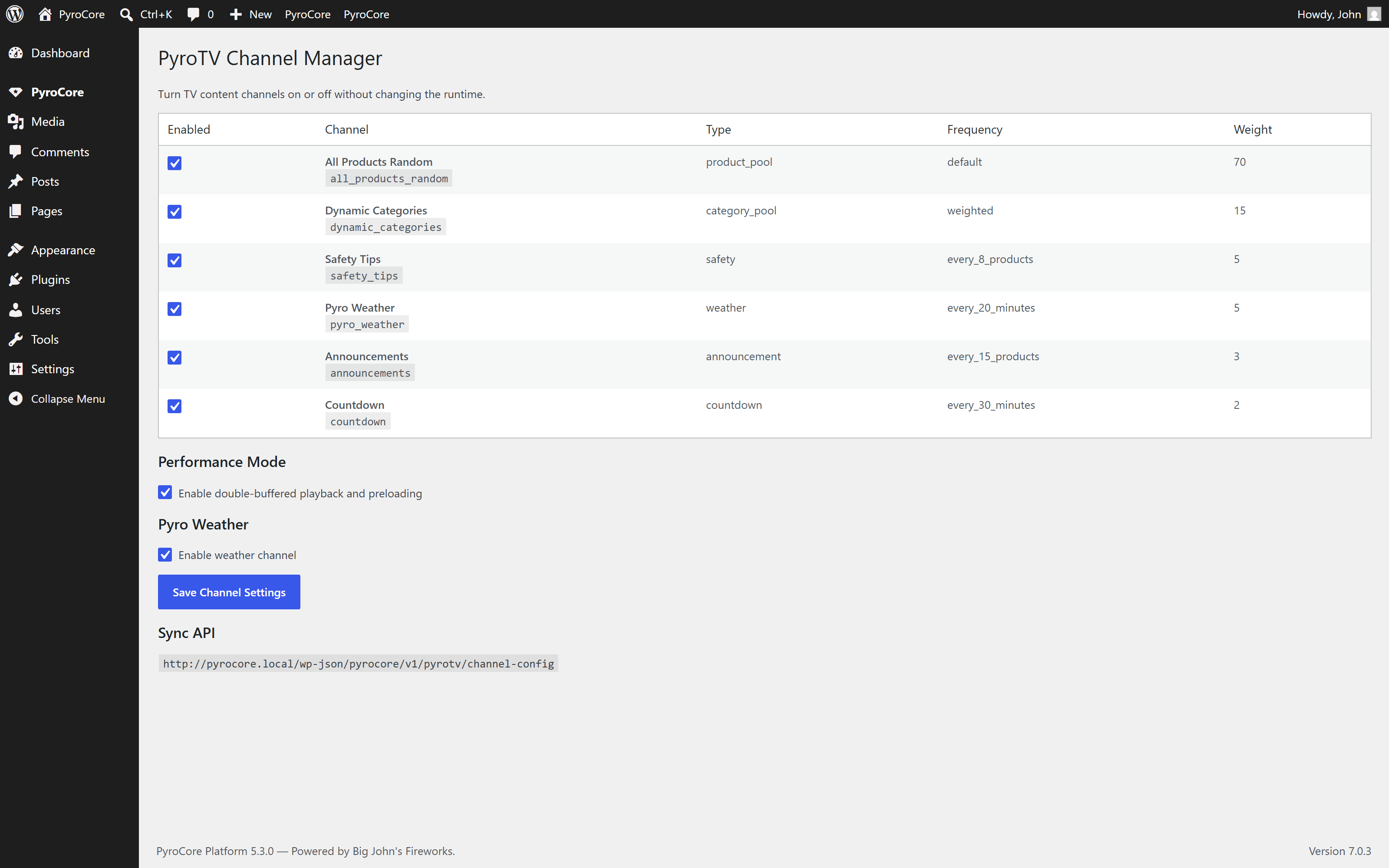 PyroTV channel and screen management